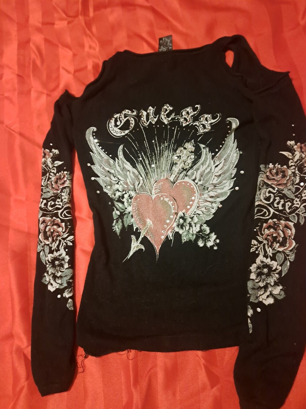 Guess Black Long Sleeve V-Neck Top with Floral Sleeve Print